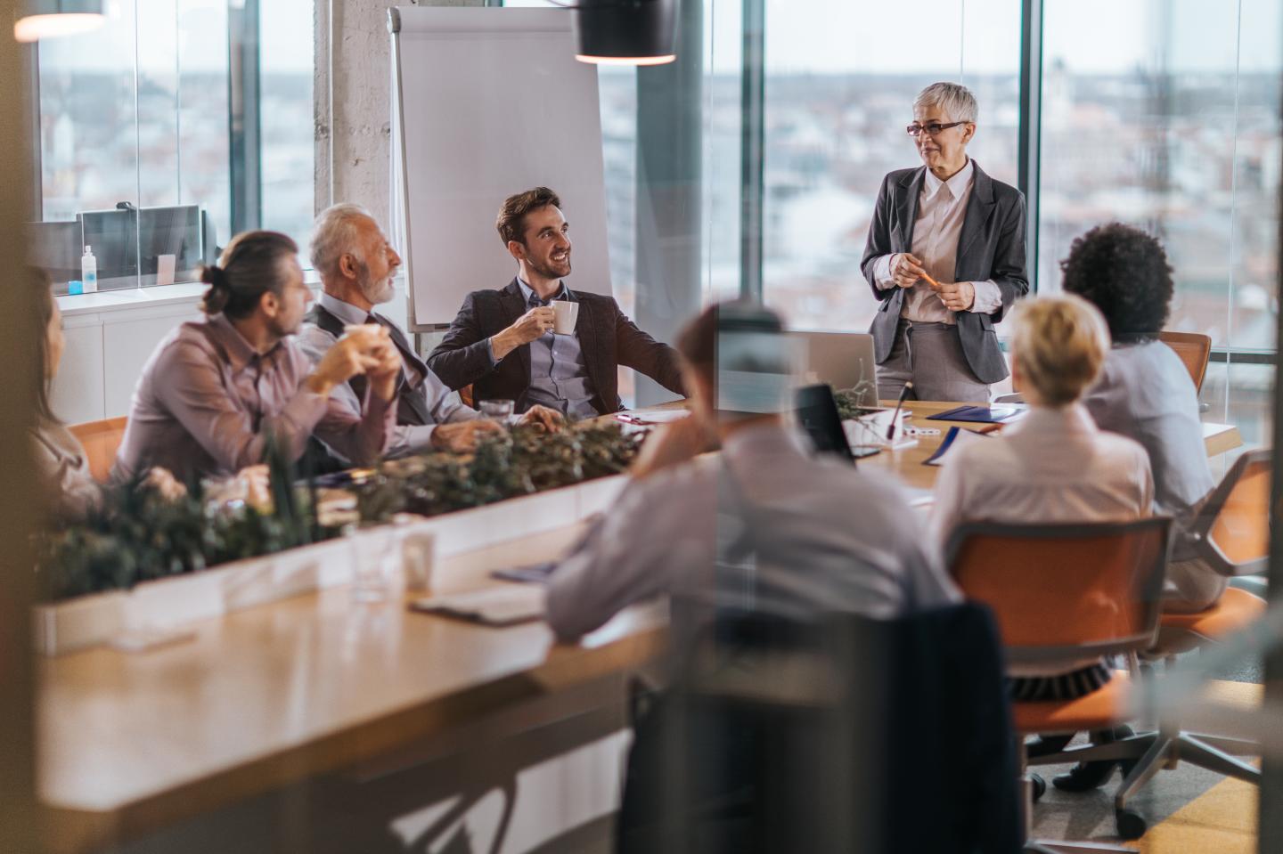 Happy senior businesswoman talking to her colleagues on a business meeting in a board room. The view is through glass.