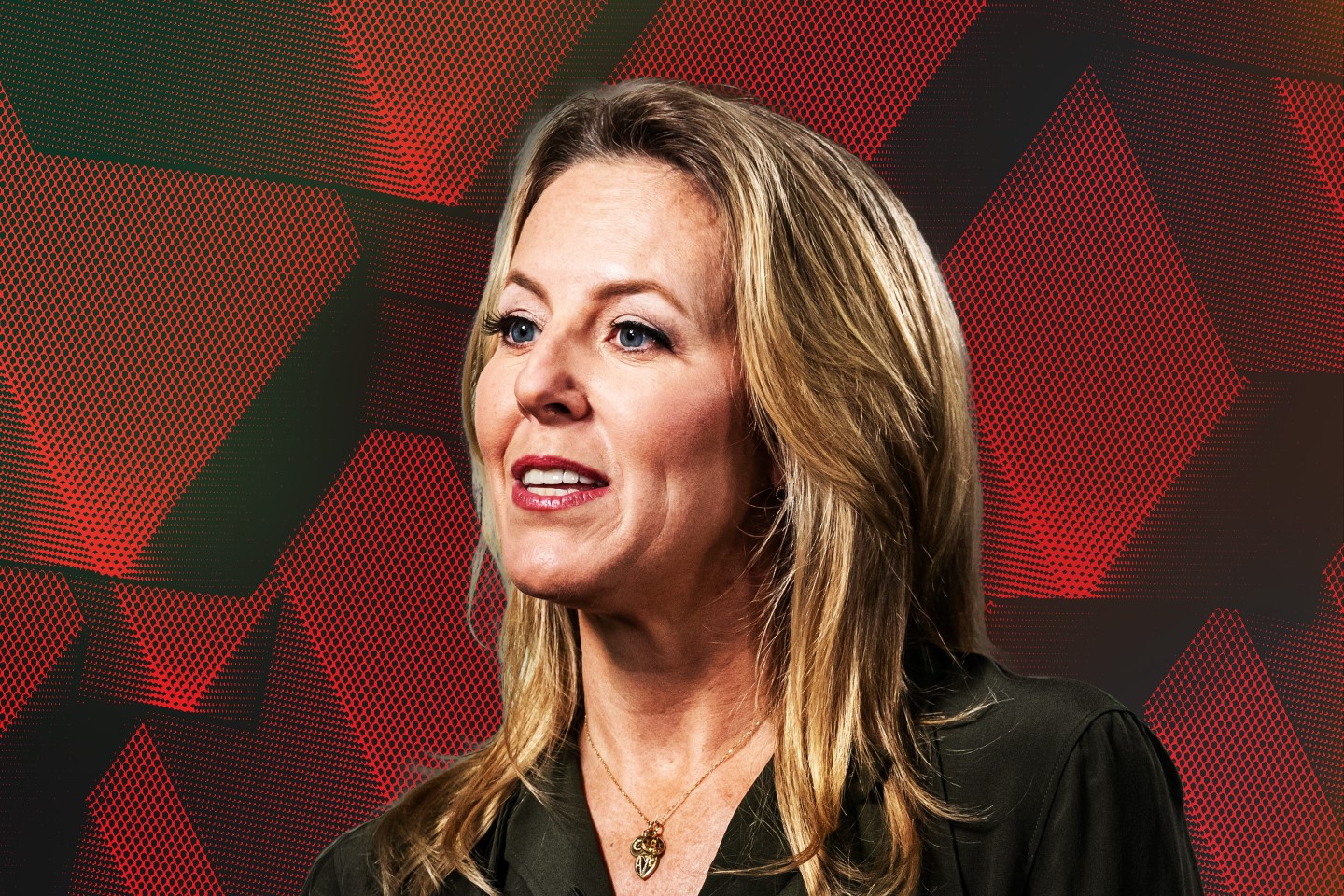 Photo illustration of portrait of Katie Haun on top of abstract technological box background.