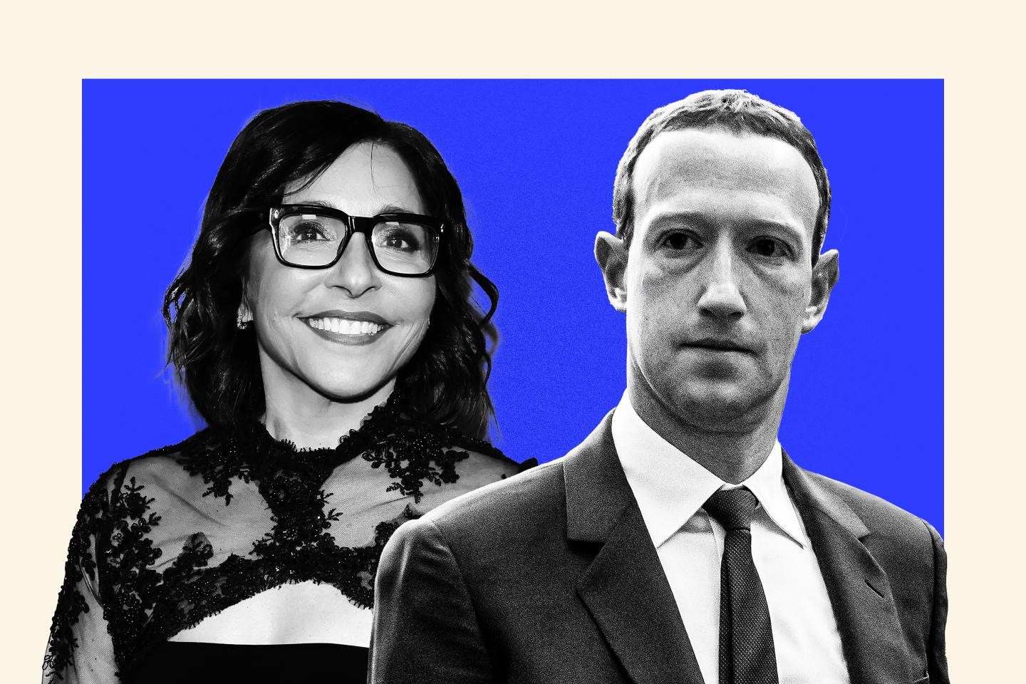 A picture of Linda Yaccarino (left) and Mark Zuckerberg (right)