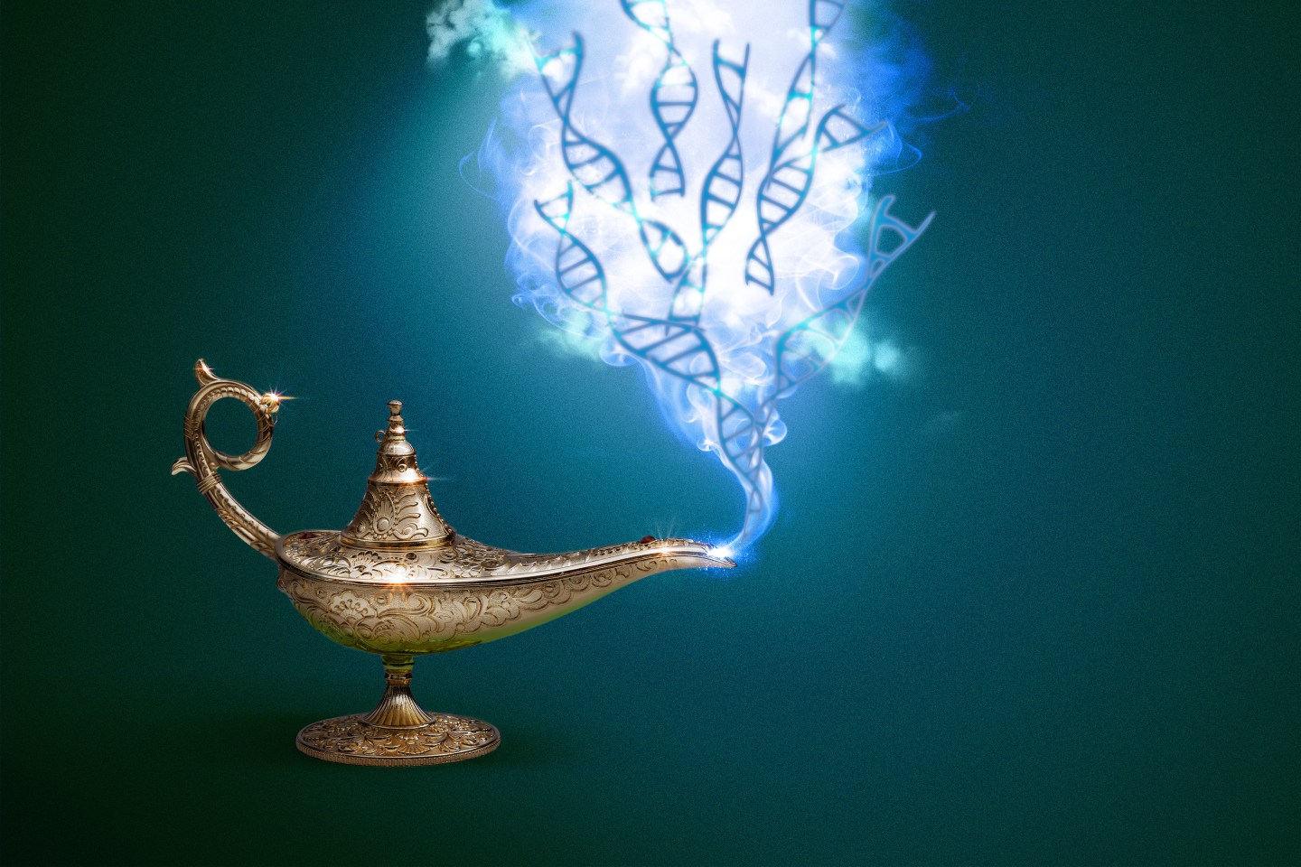 Photo illustration of a golden genie lamp with glowing smoke coming out of the tip and DNA helixes floating within the smoke