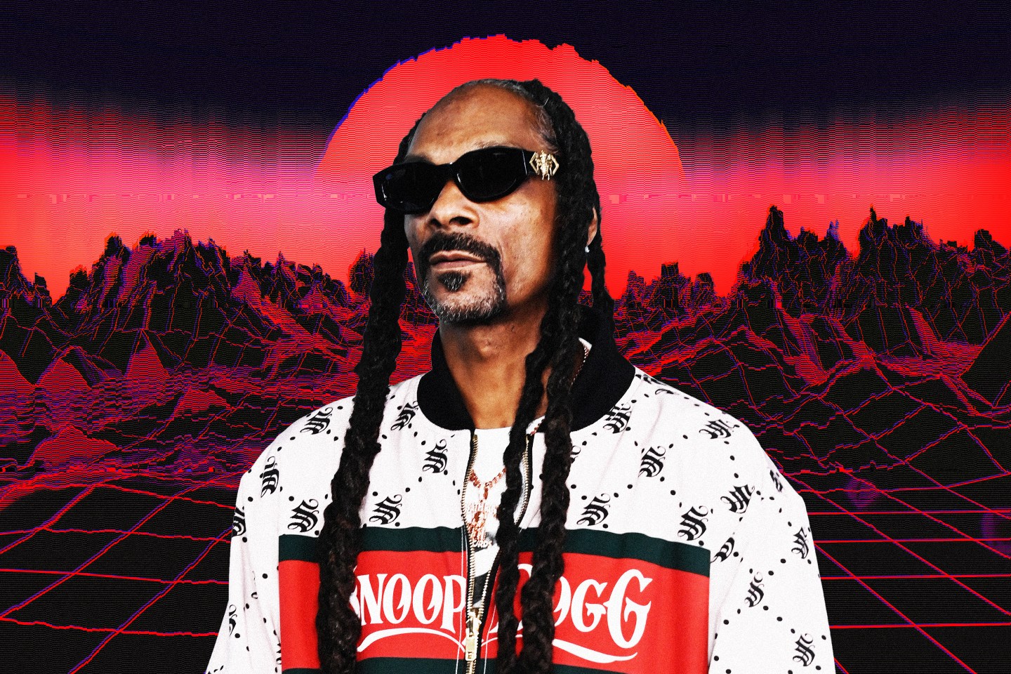 Snoop Dogg behind metaverse land concept.