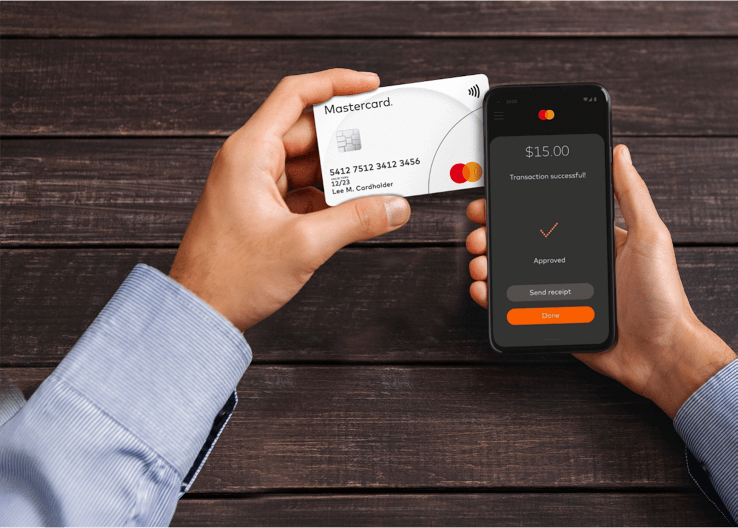 A demonstration of a customer using Mastercard's contactless, tap-on-phone payment option—with all of the data transactions based in the cloud.