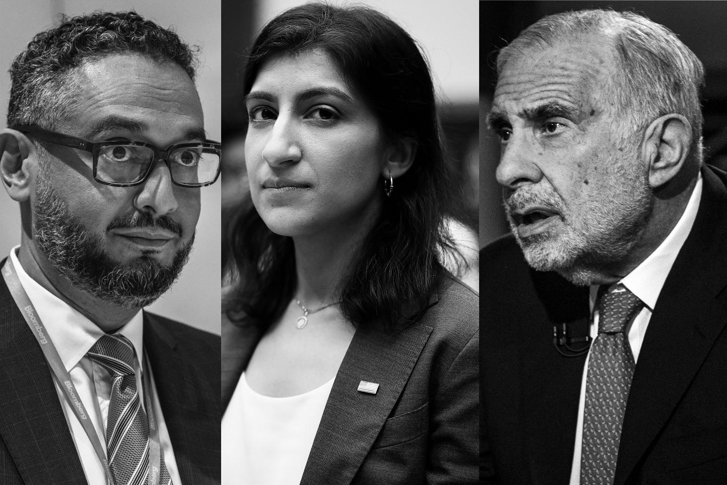 Portraits of Francis deSouza, Lina Khan, and Carl Icahn.