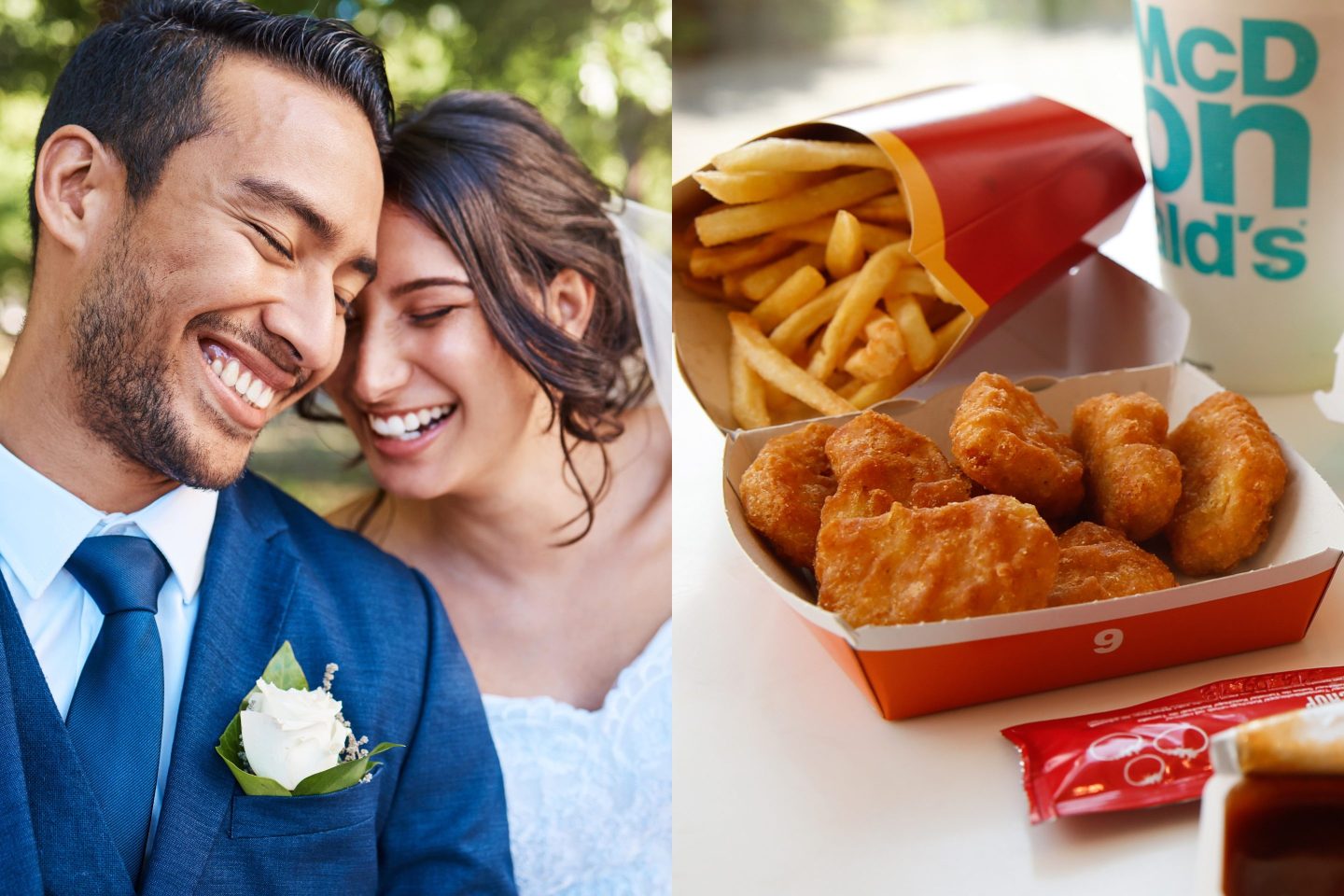 A bridge and groom seen next to an image of McDonald's chicken McNuggets and fries,