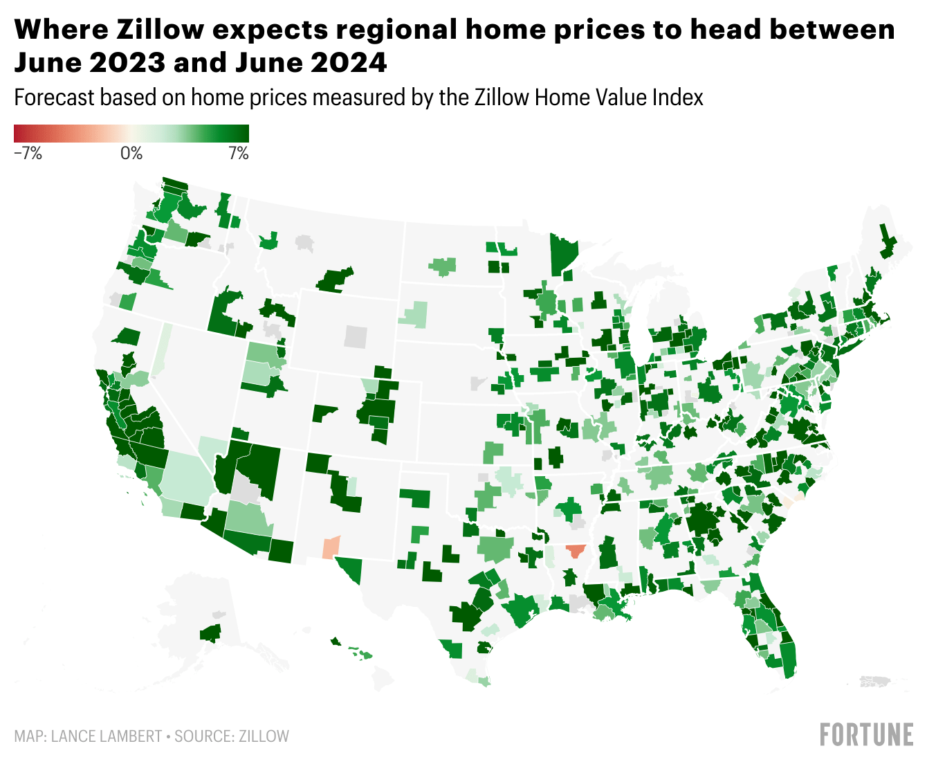 Chart showing where regional U.S. home prices are expected to head between June 2023 and July 2024