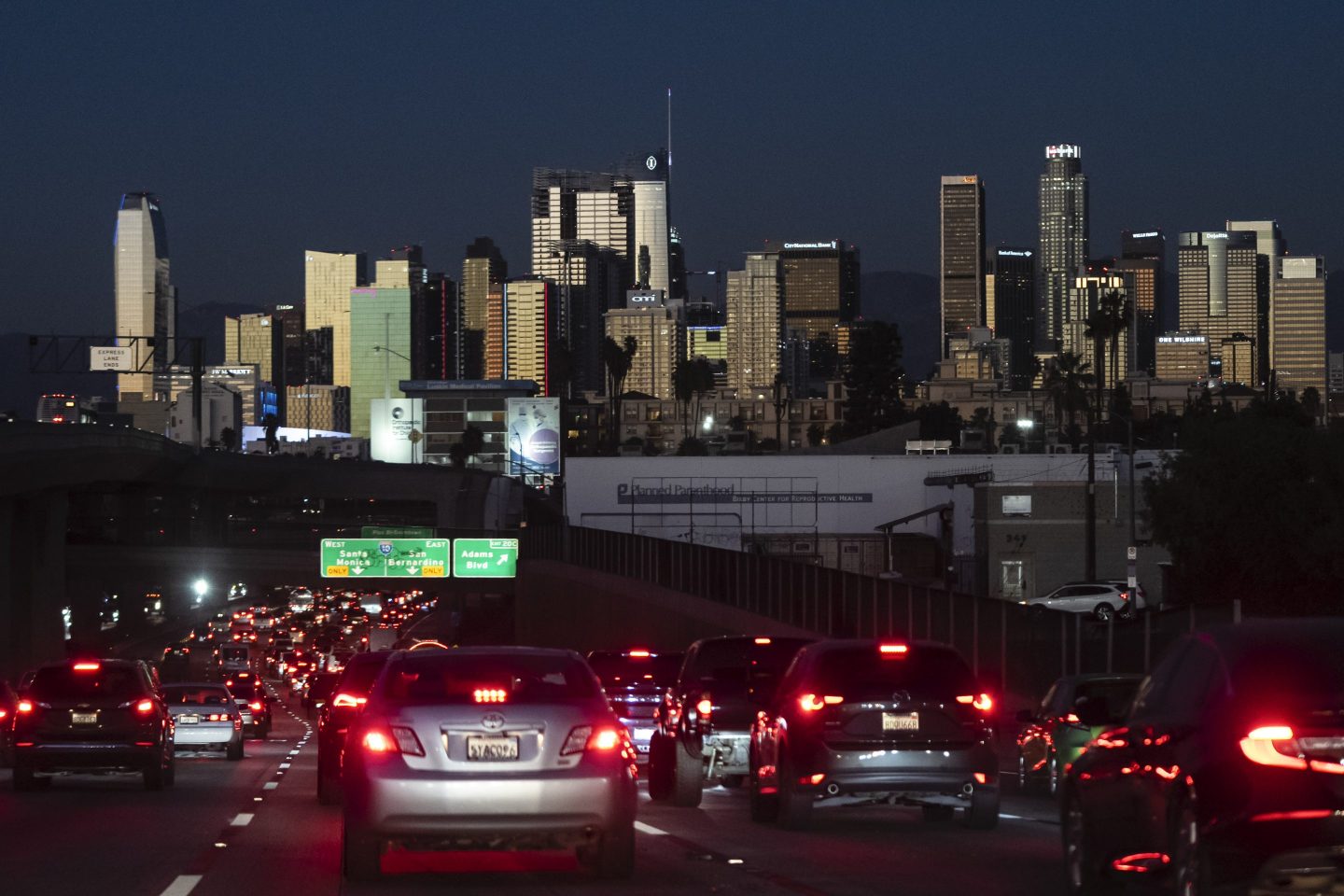 Traffic moves along the 110 Freeway in Los Angeles.