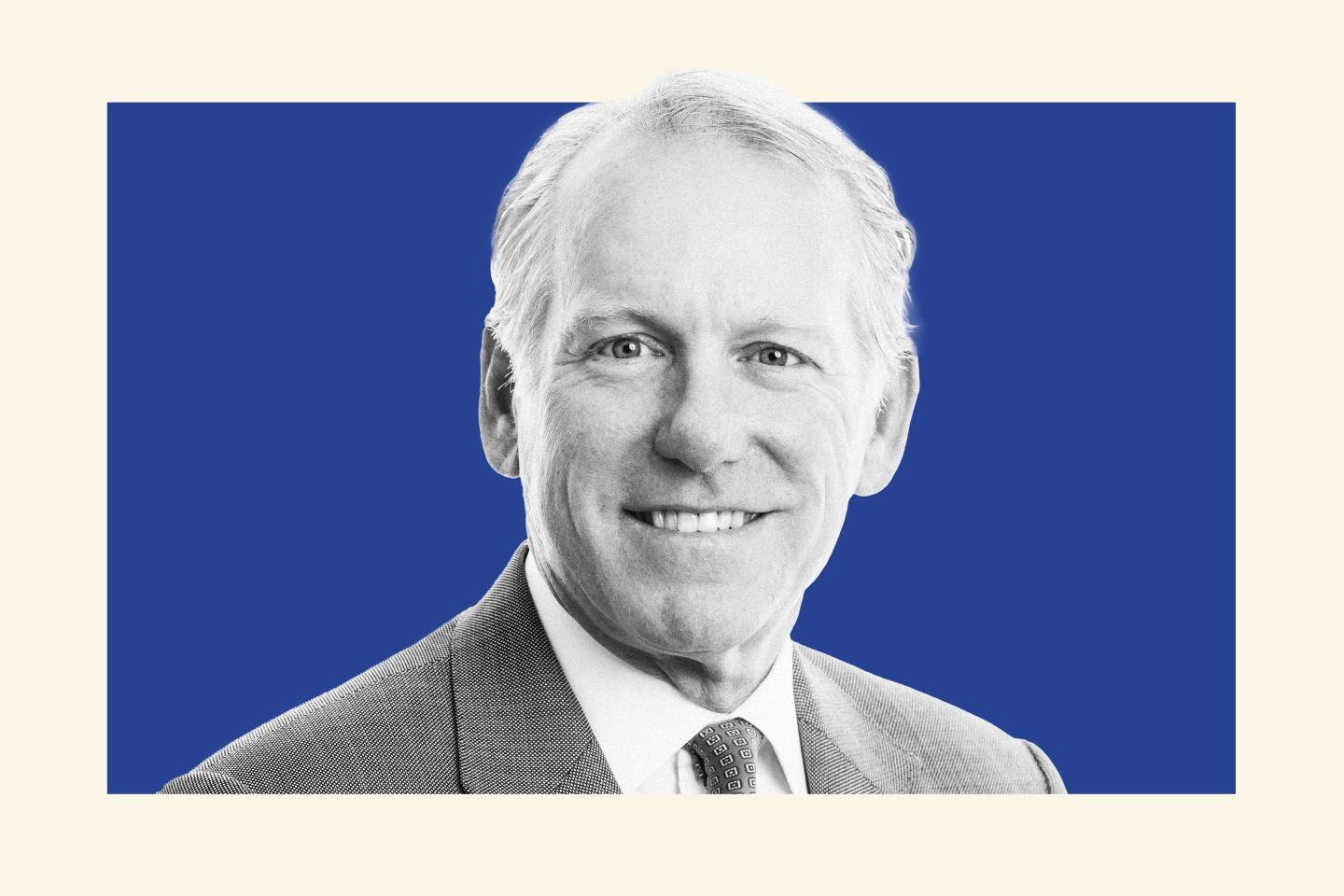 Portrait of John Gates on blue and beige background.