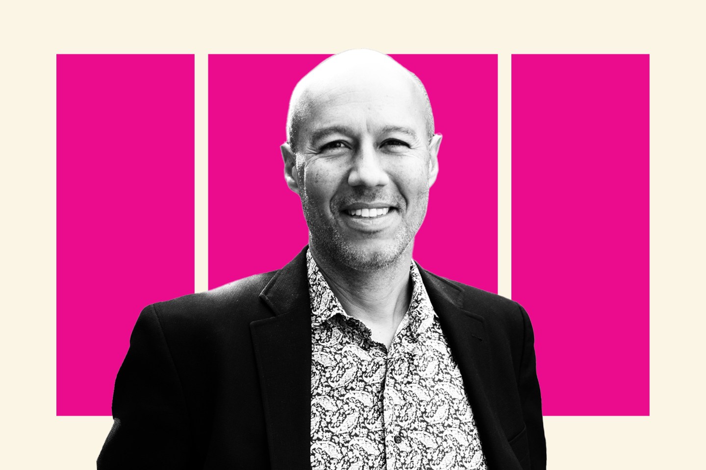 Portrait of David Risher on a pink background.