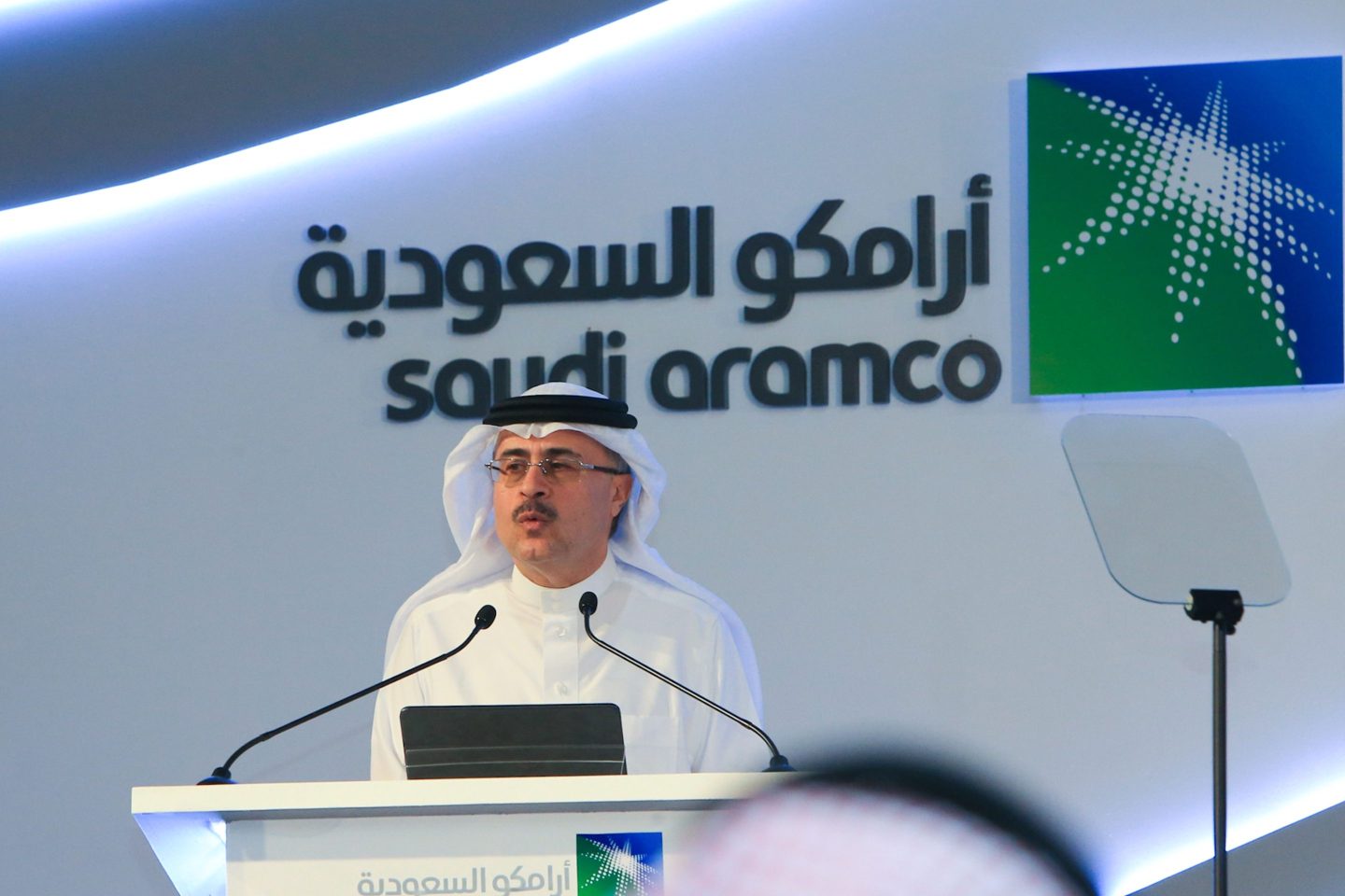 Amin Nasser, President and CEO of Saudi Aramco, speaks during a press conference in the eastern Saudi Arabian region of Dhahran on November 3, 2019.