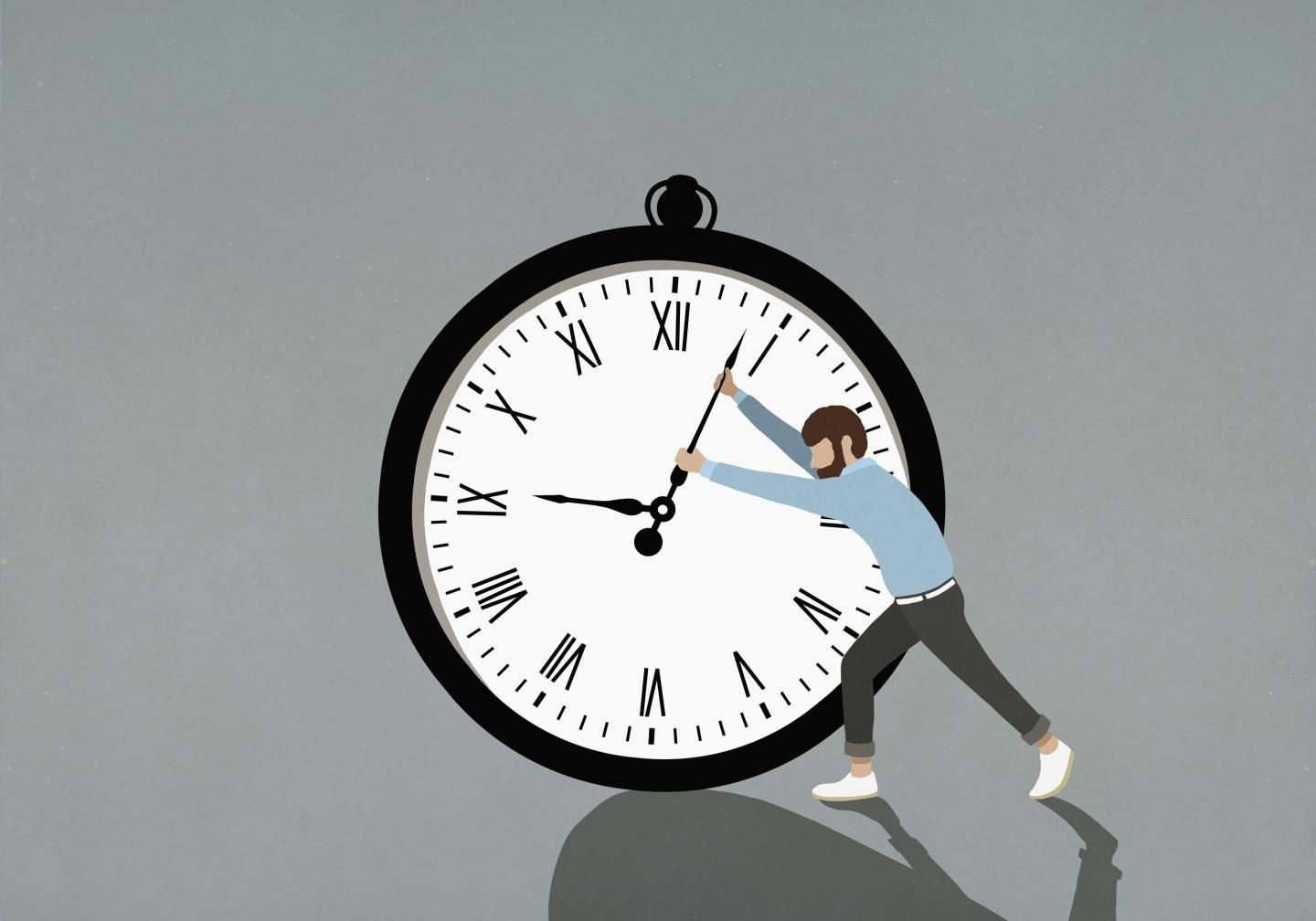 Illustration of a man pushing hands of large stopwatch.