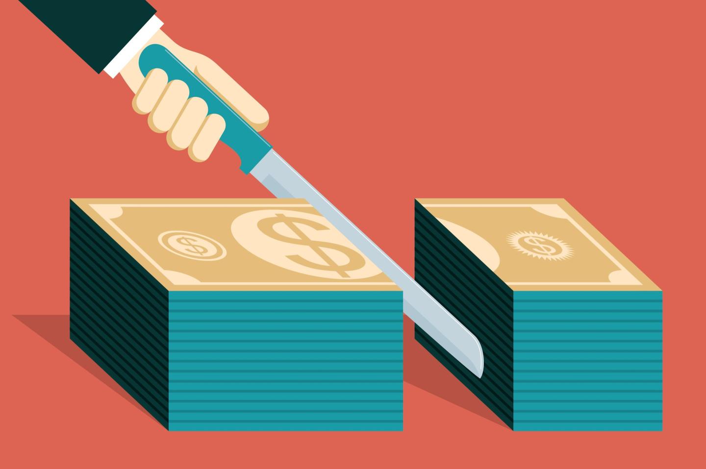 Stock illustration of a hand cutting a stack of dollar bills with a knife