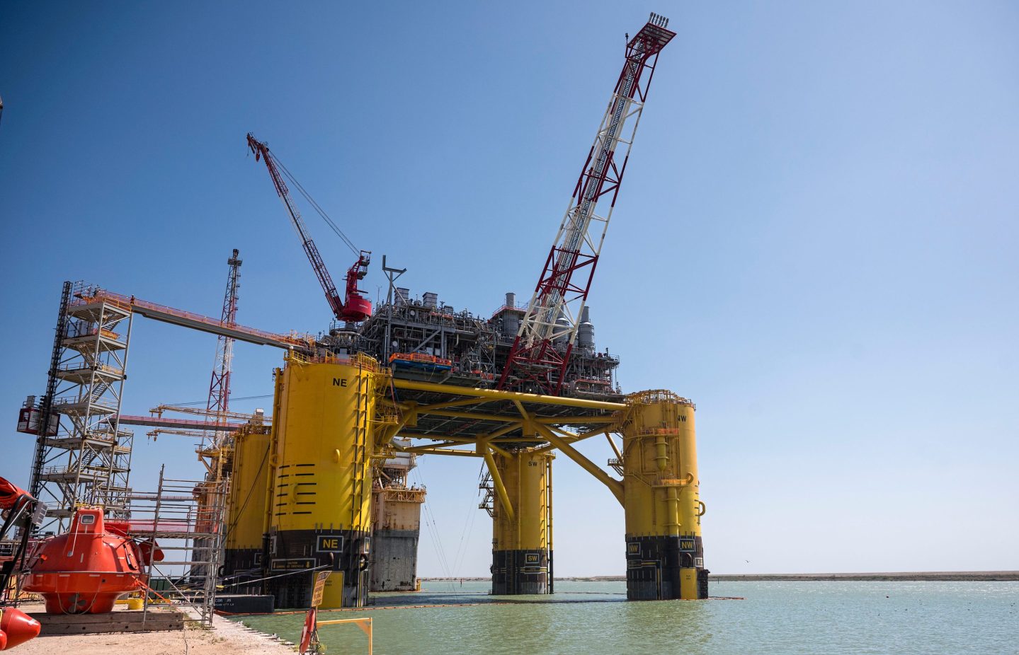 A Shell offshore oil platform under construction in Ingleside, Texas.