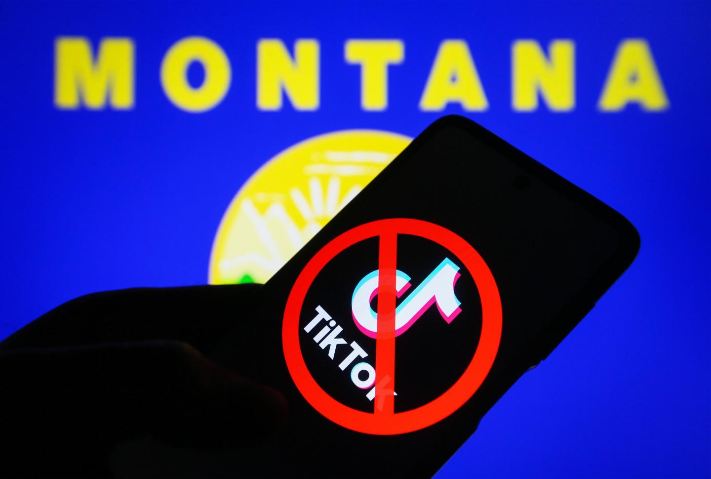 n this photo illustration, a crossed-out TikTok logo is seen on a smartphone and flag of the state of Montana on a PC screen