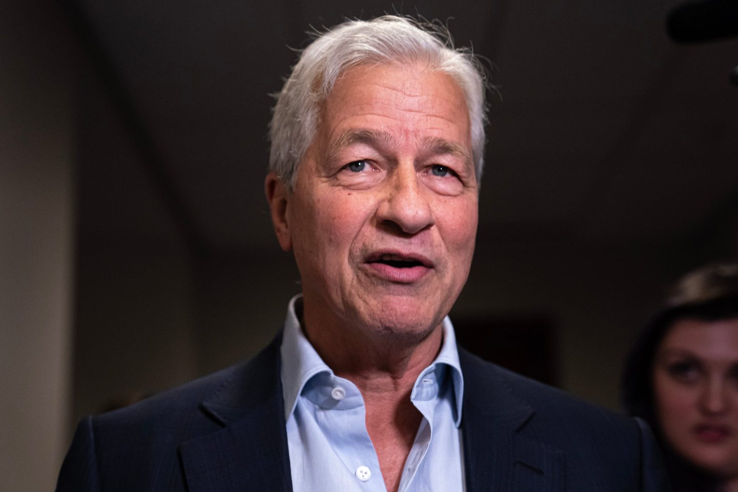 Jamie Dimon speaks to members of the media at the U.S. Capitol for a lunch with the New Democrat Coalition in Washington, DC, U.S., on Tuesday, June 6, 2023.