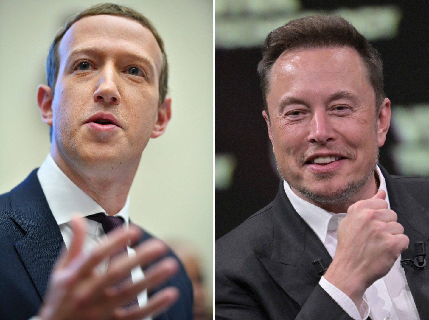 This combination of file photographs created on June 22, 2023 shows Elon Musk during his visit at the 2023 Vivatech technology conference in Paris and Facebook founder Mark Zuckerberg testifying before the House Financial Services Committee in Washington, DC in 2019.