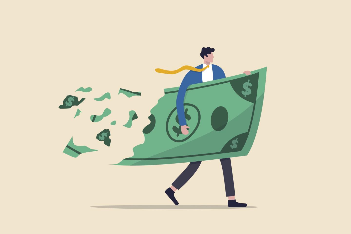 A man walks away with a giant dollar bill, as it disintegrates