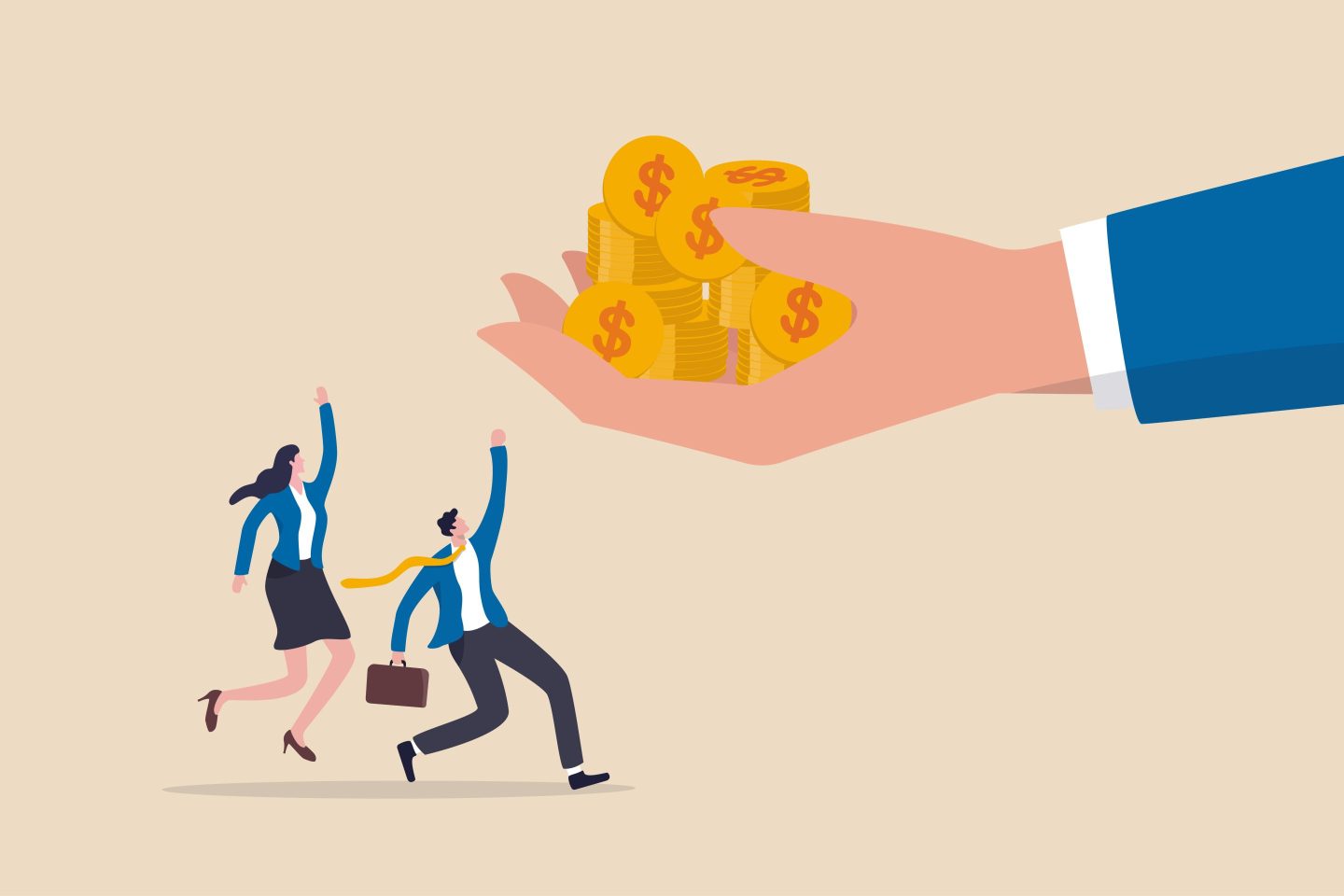 A stock illustration of a business woman and man chasing a giant hand holding gold coins.