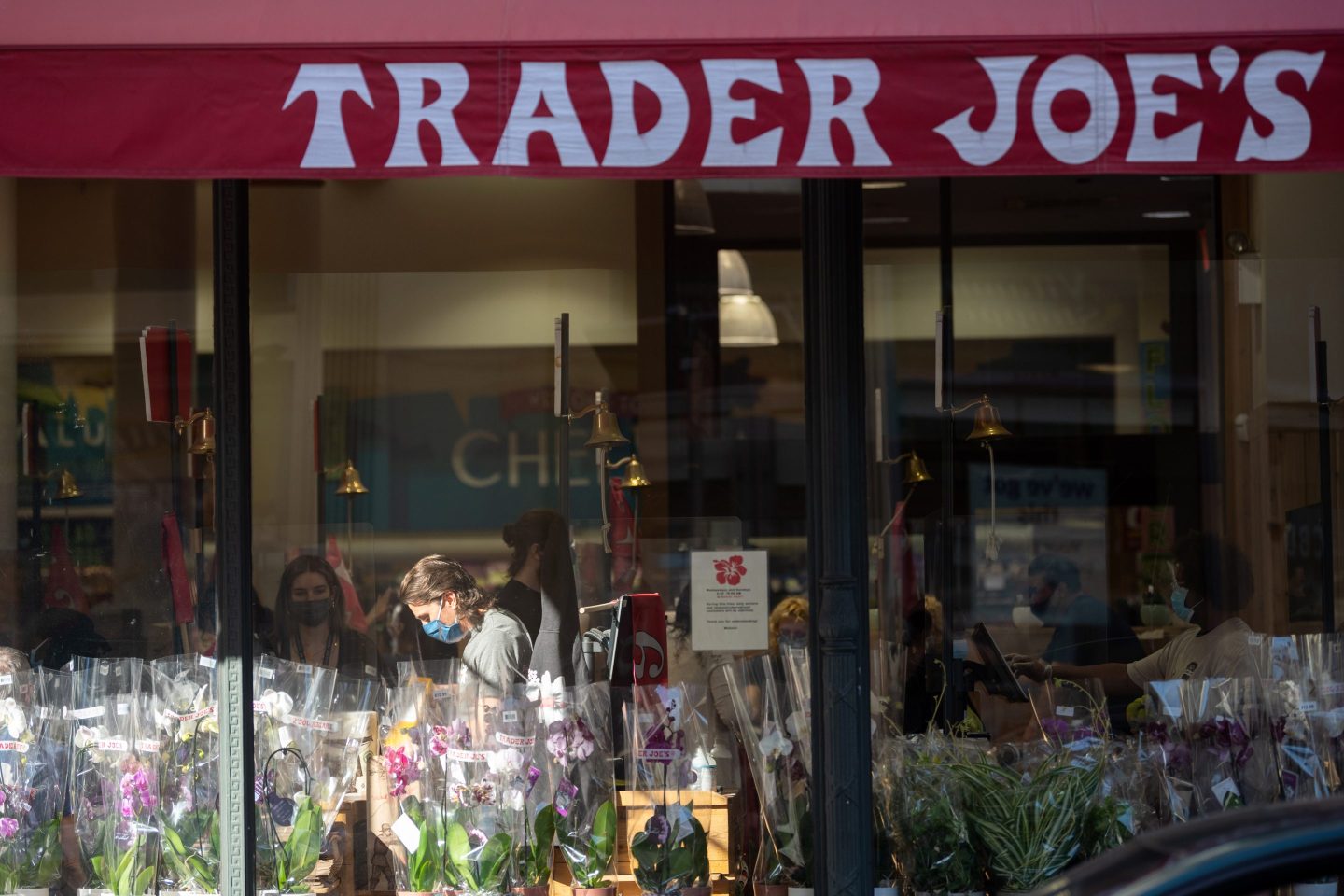 An employee is seen through a window working a register in a patch of sunlight at Trader Joe's.