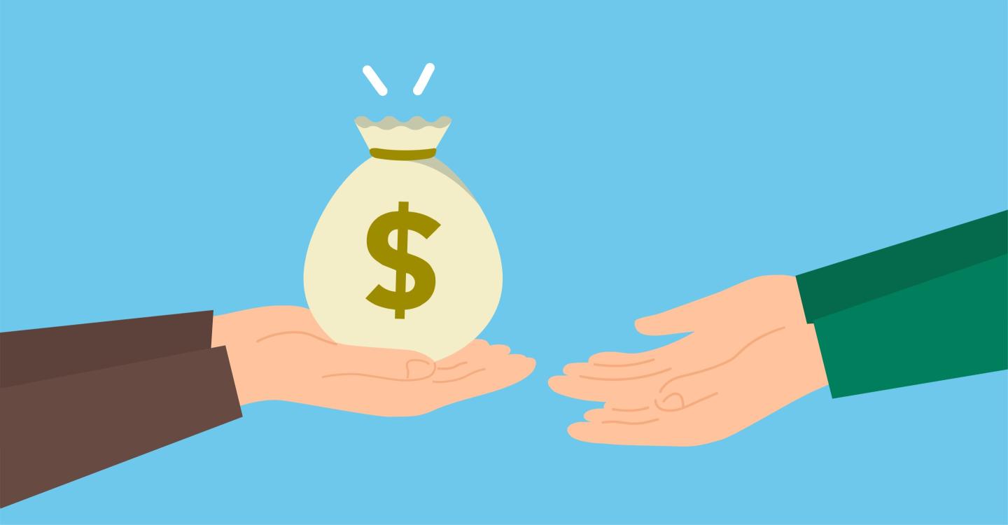 Hand over money from parent to child,blue background,vector illustration
