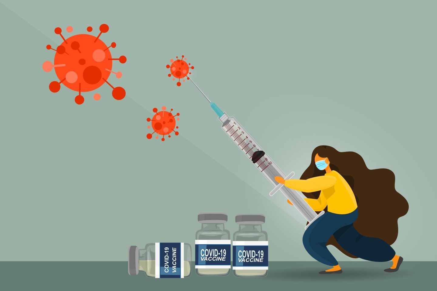 COVID vaccination illustration shows a woman trying to protect herself from the coronavirus with syringe.