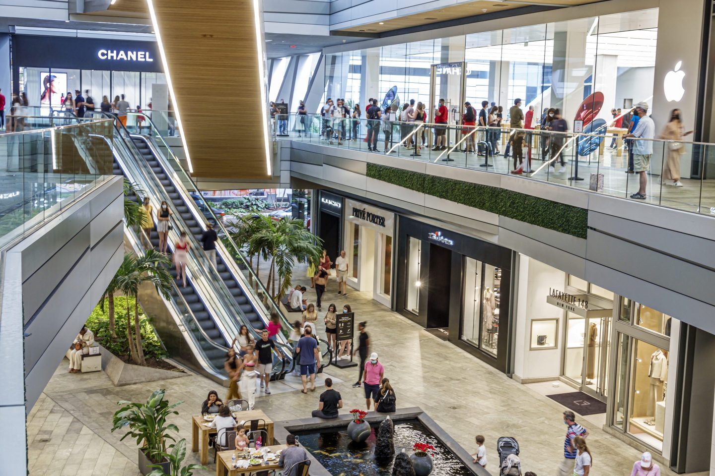 Miami, Florida, Brickell City Centre shopping mall with Apple Store, Chanel and escalators.