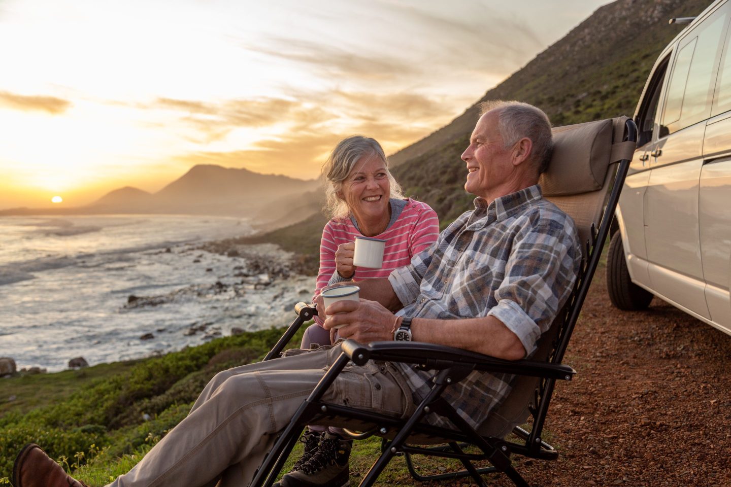 Senior couple enjoying sunset by the sea