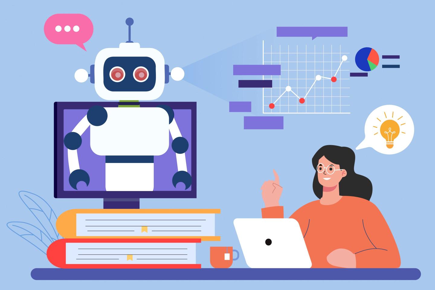 Illustration of a human and a robot working on their laptops and discuss business reports, concept of artificial intelligence-Machine learning.