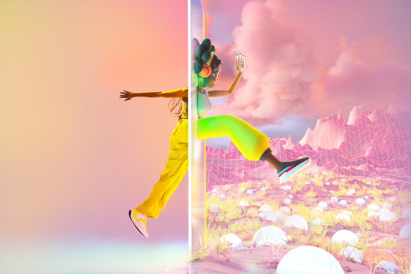 Digital generated image of young woman jumping through portal door and turning into avatar in imaginary world