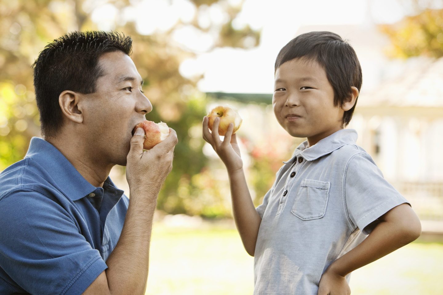 Japanese father and son eating apple