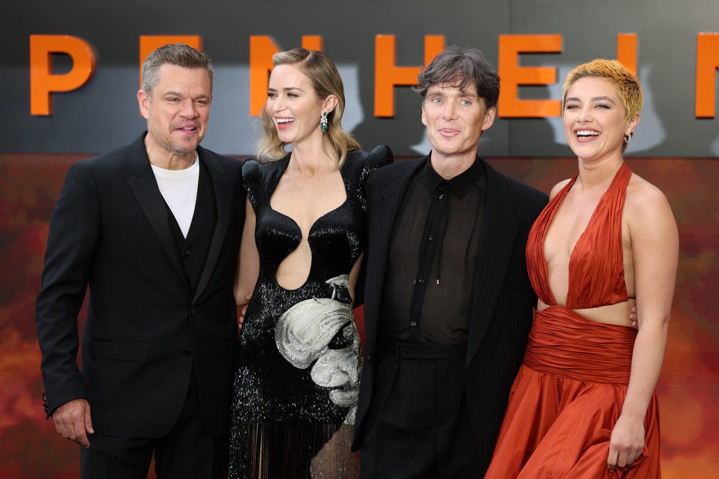 Matt Damon, Emily Blunt, Cillian Murphy, and Florence Pugh on the red carpet for the premiere of Oppenheimer.