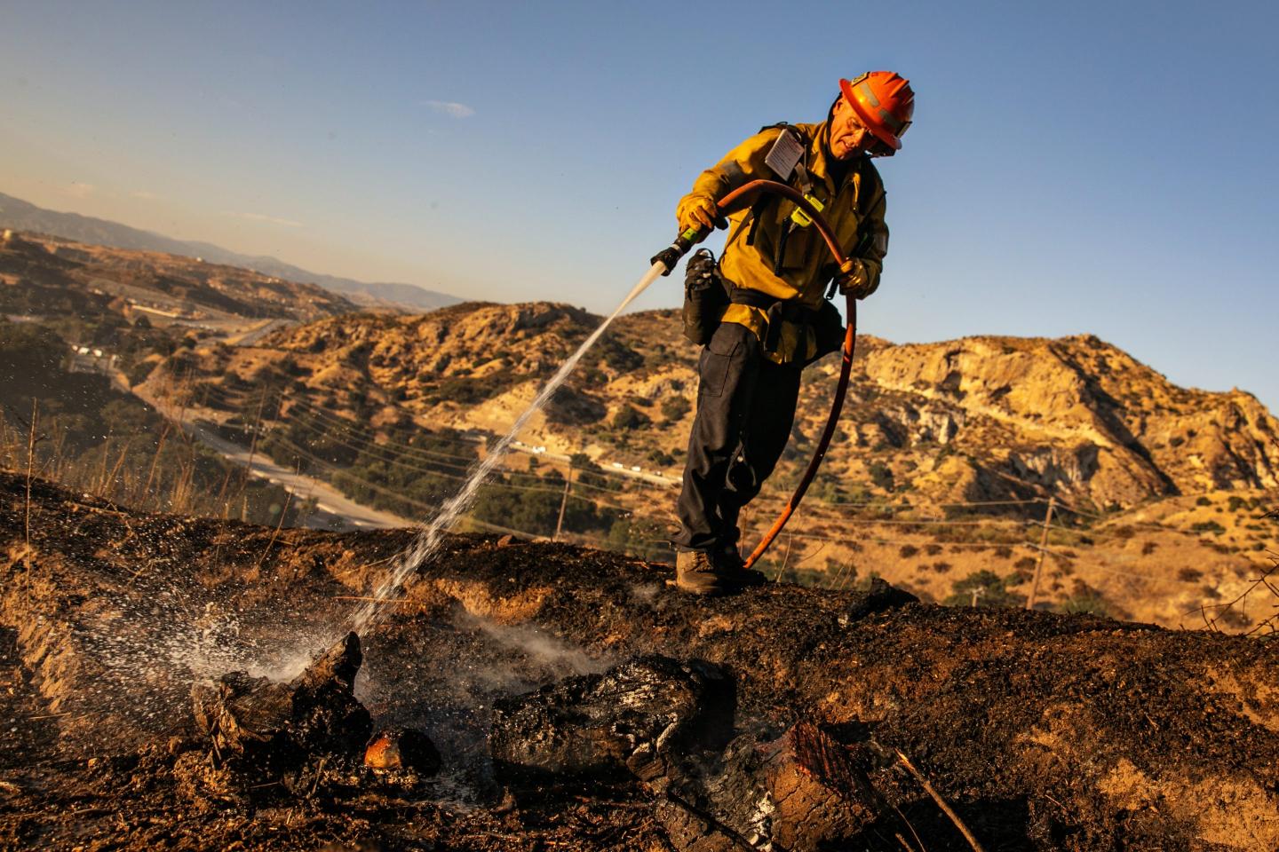 A firefighter puts water on a smoldering stump in California