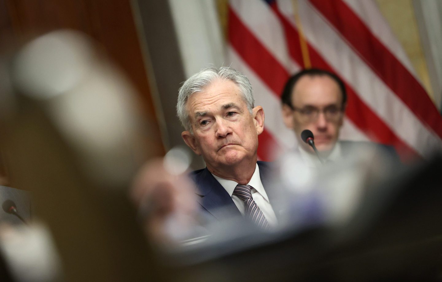 Federal Reserve Chairman Jerome Powell participates in a meeting of the Financial Stability Oversight Council
