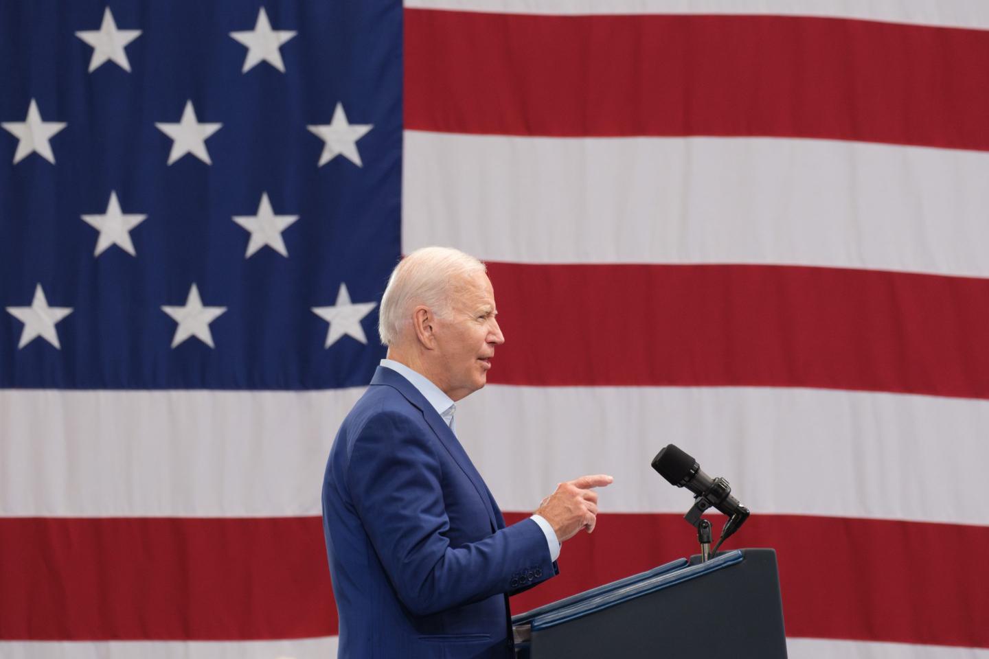 US President Joe Biden speaks at a groundbreaking for an Arcosa Wind Towers Inc. manufacturing facility in Albuquerque, New Mexico, US, on Wednesday, Aug. 9, 2023.