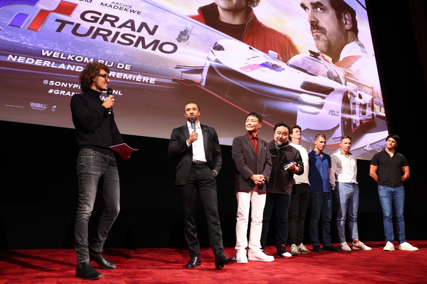 Kwebbelkop and Jann Mardenborough speak on stage prior to the Gran Turismo Film Premiere