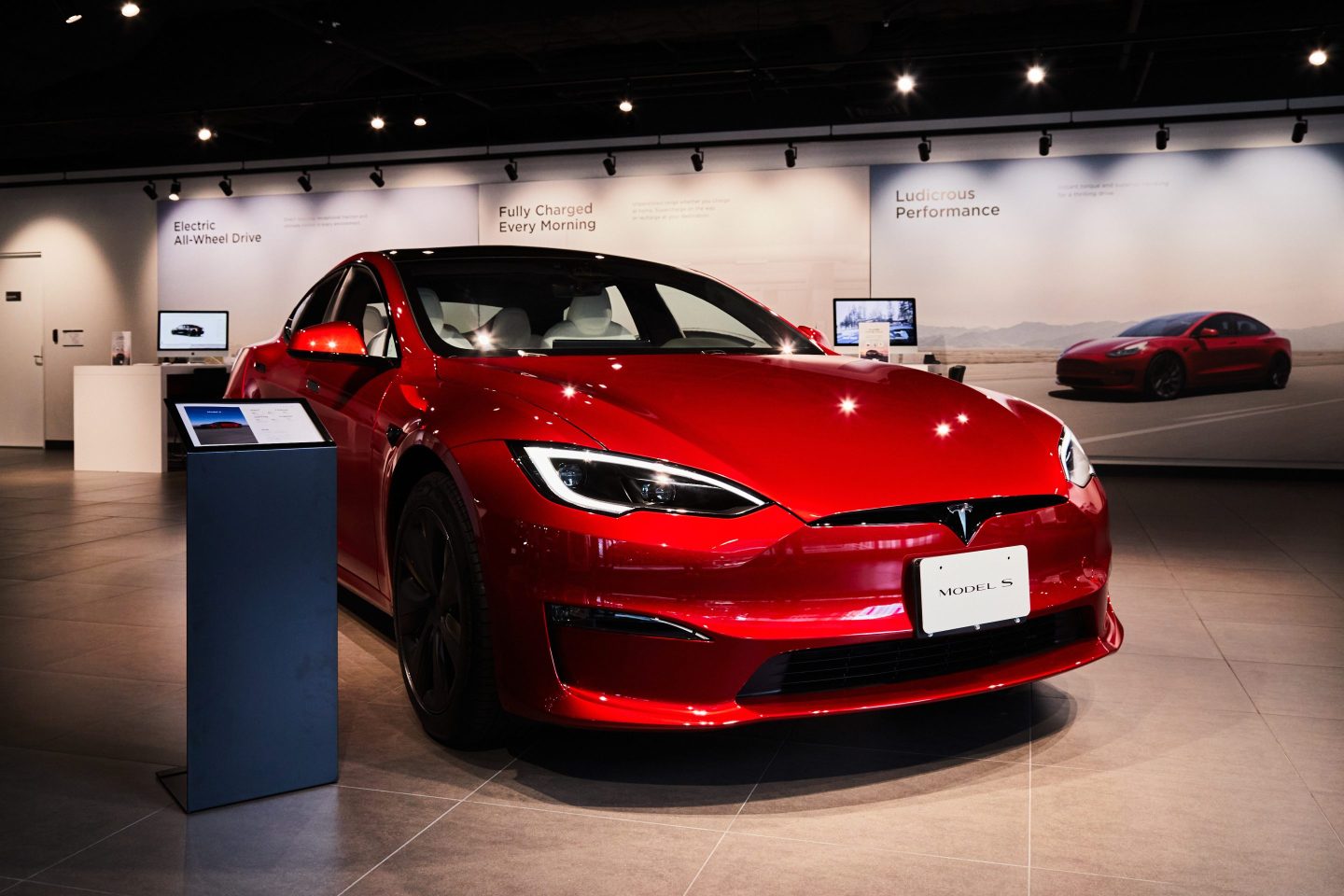 A Tesla Model S electric vehicle displayed at a Tesla Motors Japan store