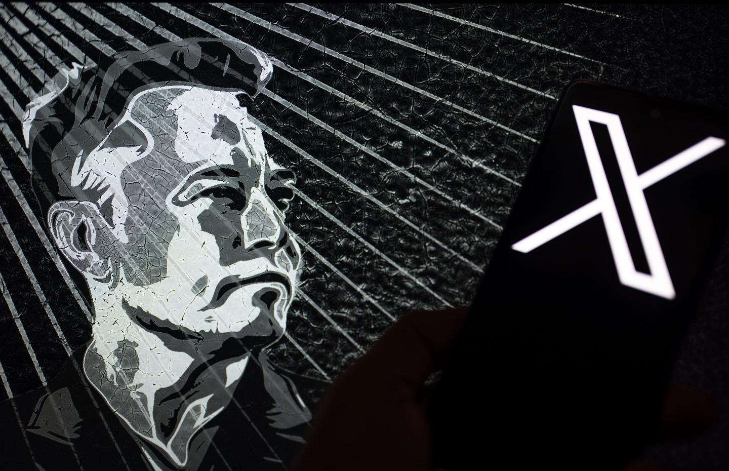 The new (Twitter) logo rebranded as X displayed on mobile with Elon Musk in the background