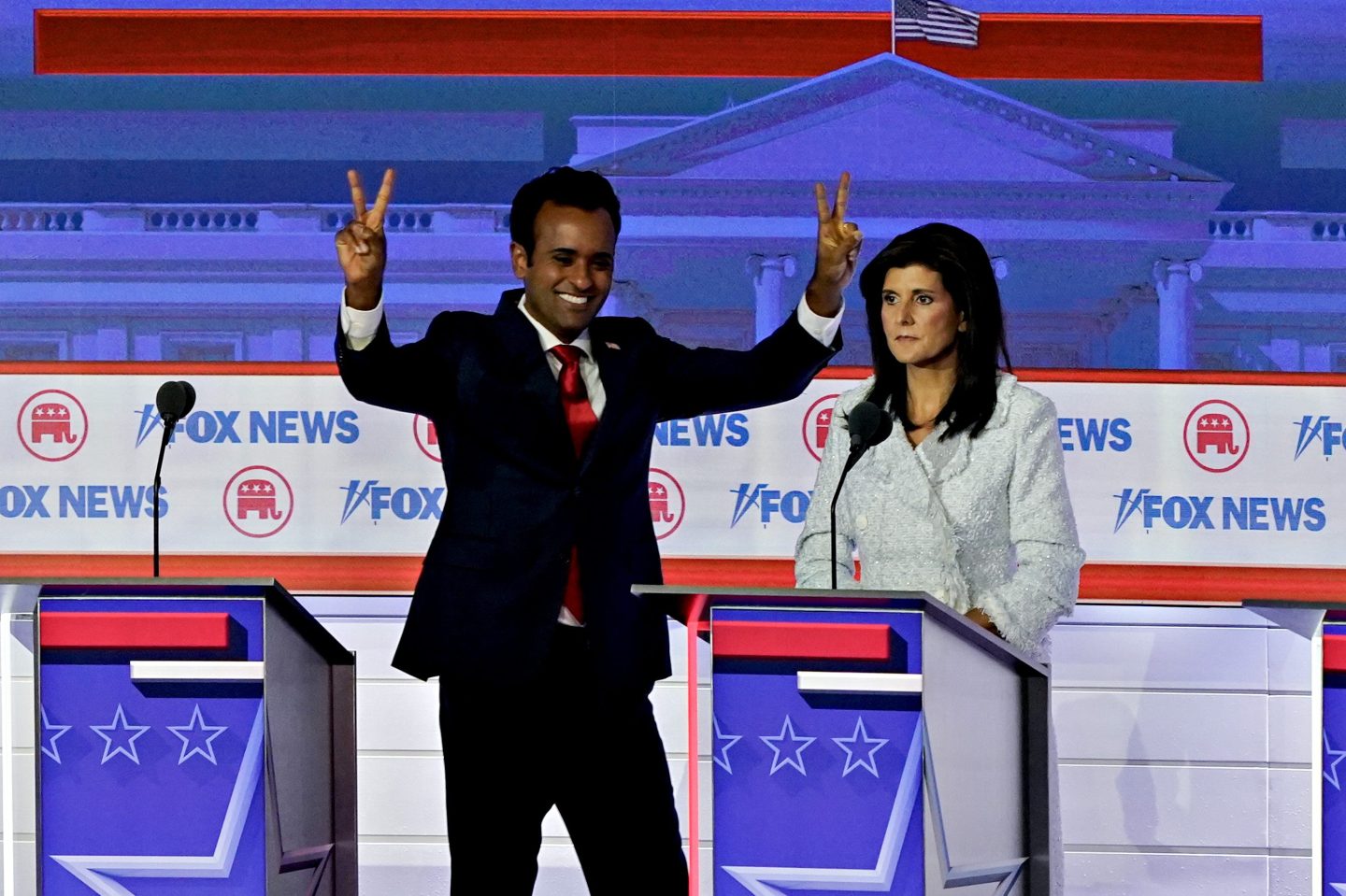 Vivek Ramaswamy and Nikki Haley at the Republican primary presidential debate hosted by Fox News in Milwaukee on Aug. 23.