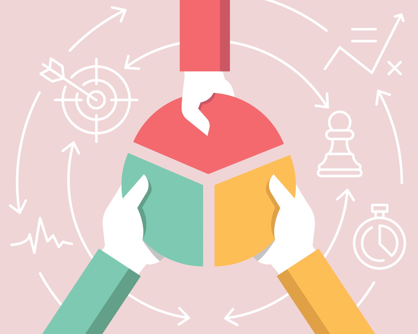 Artistic rendering of three groups of people coming together