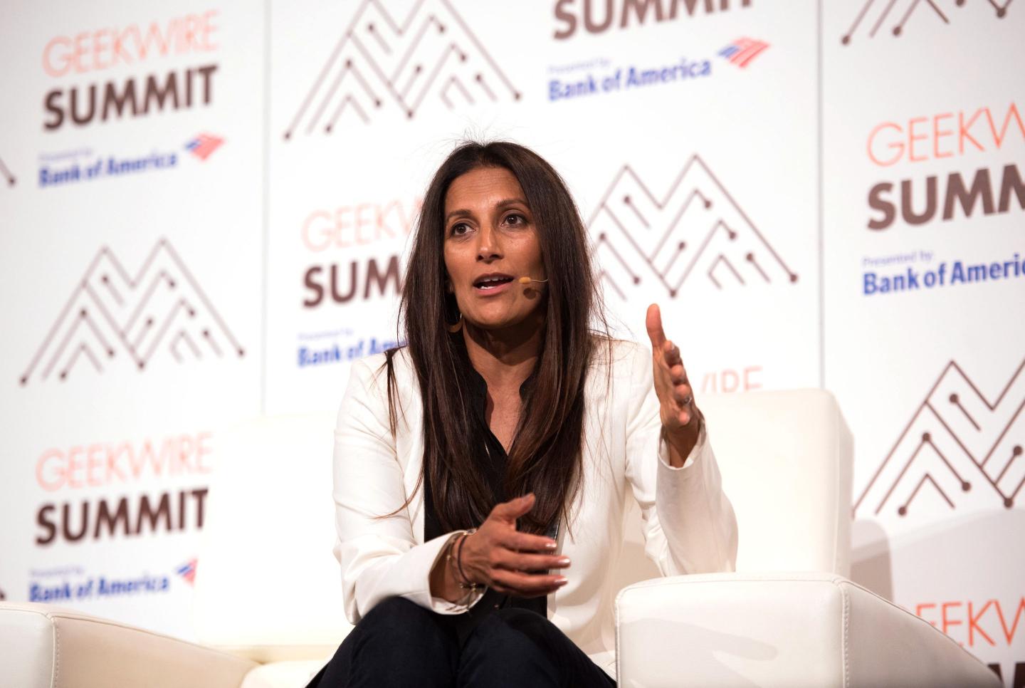 Singh Cassidy, founder of theBoardlist, speaks during a fireside chat at the GeekWire Summit in Seattle, Wash., U.S., on Oct. 11, 2017.
