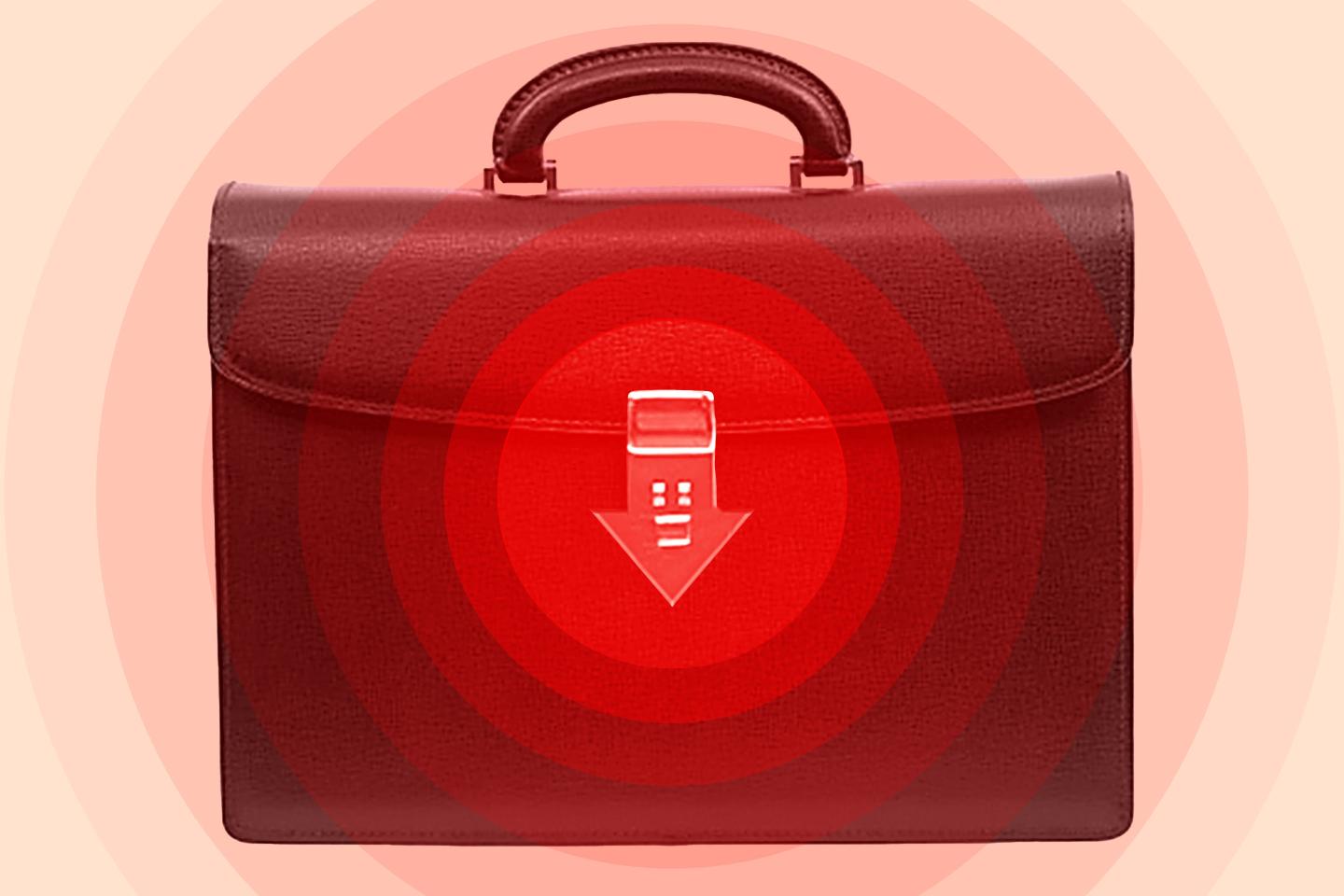 Photo illustration of a briefcase with it's front buckle as a downward arrow and a gradient of red circles overlaid from the center.