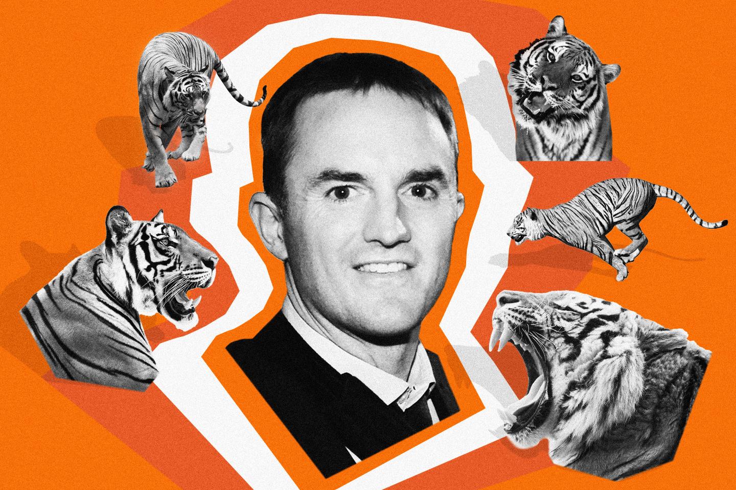 Photo illustration of Chase Coleman, founder of Tiger Global Management LL, surrounded by five tigers.