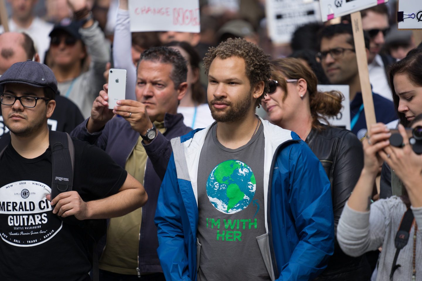 Google Inc. and Amazon.com Inc. employees listen to speakers outside the Amazon.com Inc headquarters before the Global Climate Strike in Seattle, Washington, U.S., on Friday, Sept. 20, 2019.
