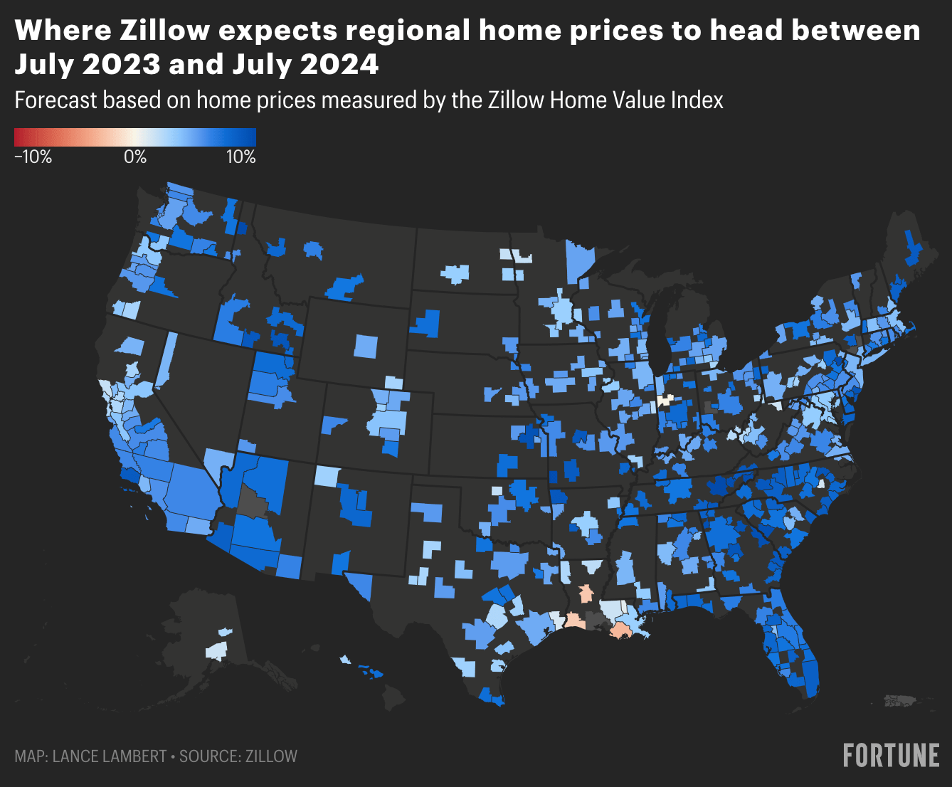 Chart showing where Zillow expects regional home prices to head between July 2023 and July 2024.