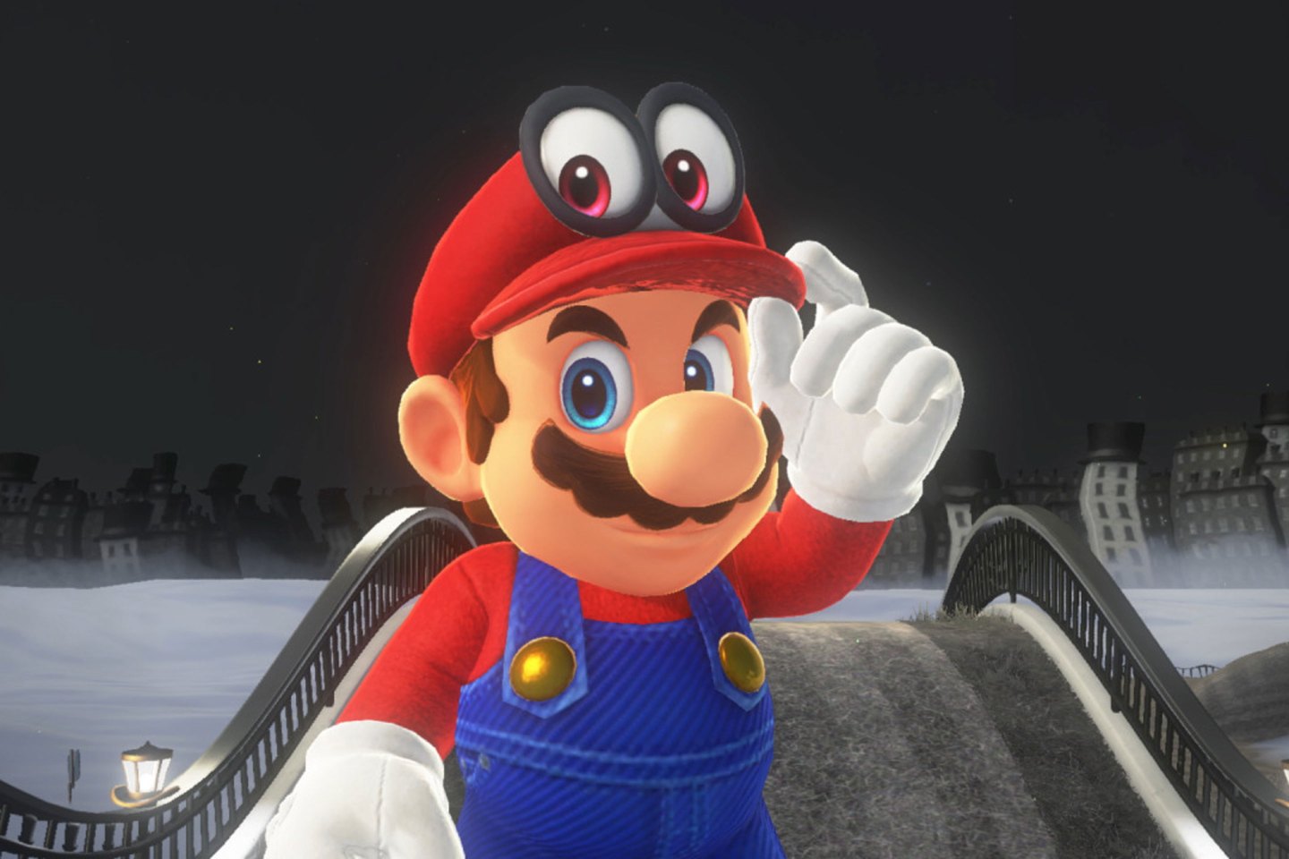 Super Mario holds his hat.