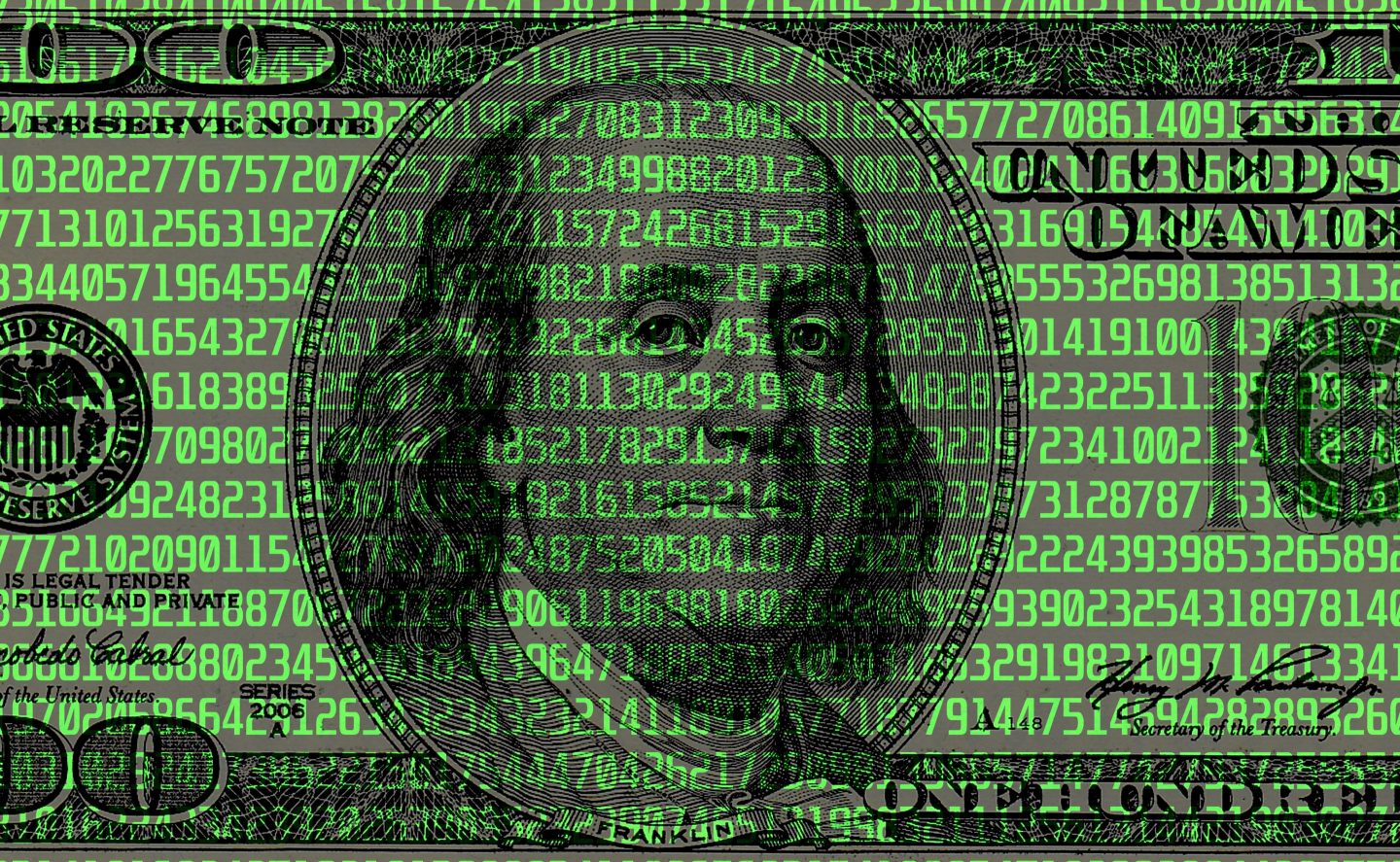 Digital code on the background of a 100 US dollar bill.