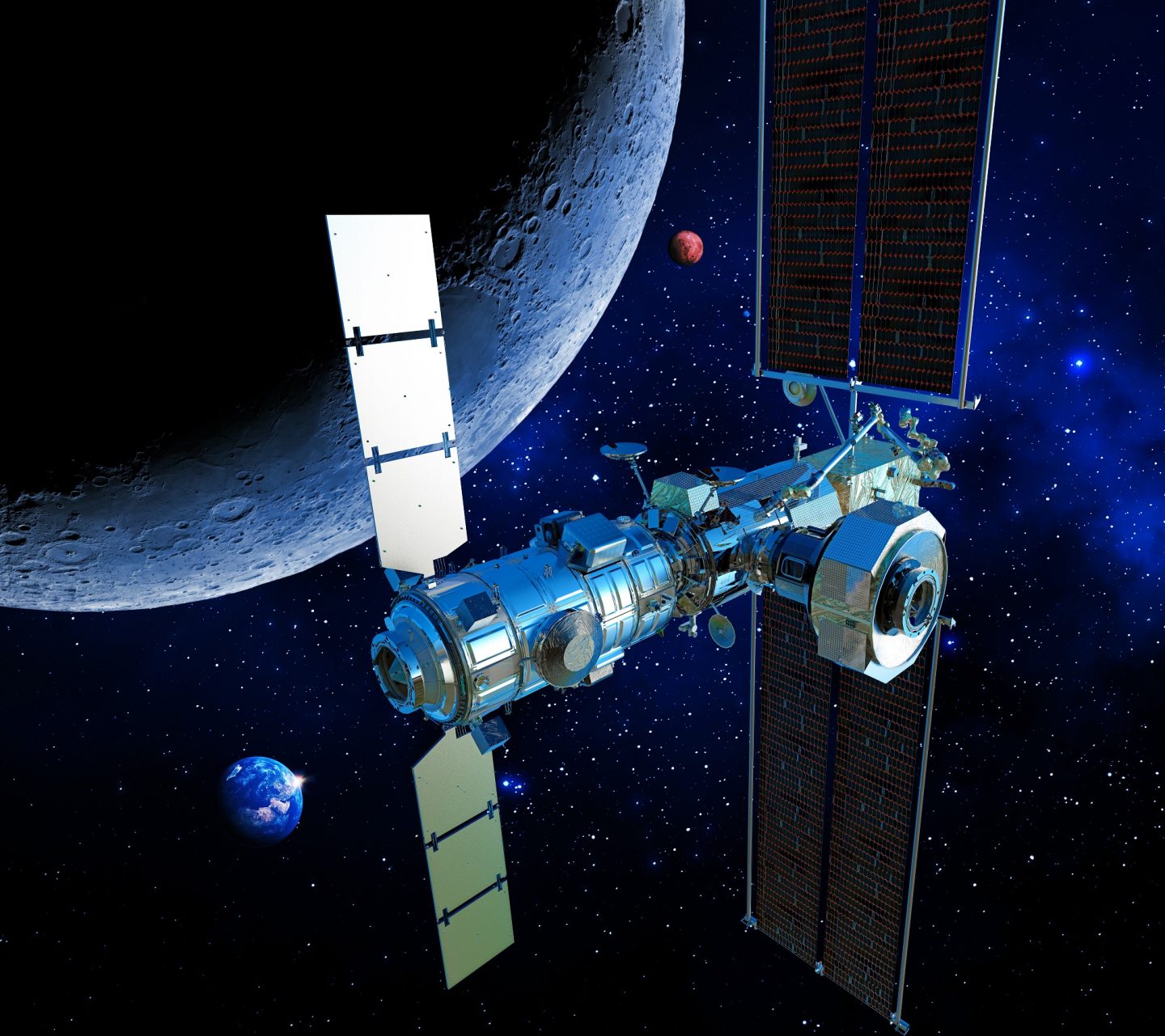 An artist rendition of the completed Lunar Gateway, expected to launch as early as 2025.
