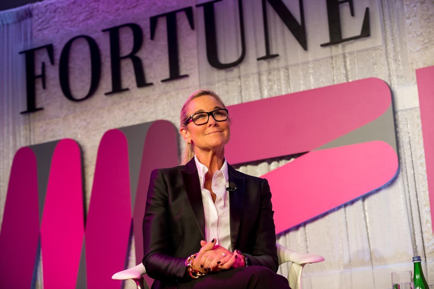 Angela Ahrendts seated during an interview
