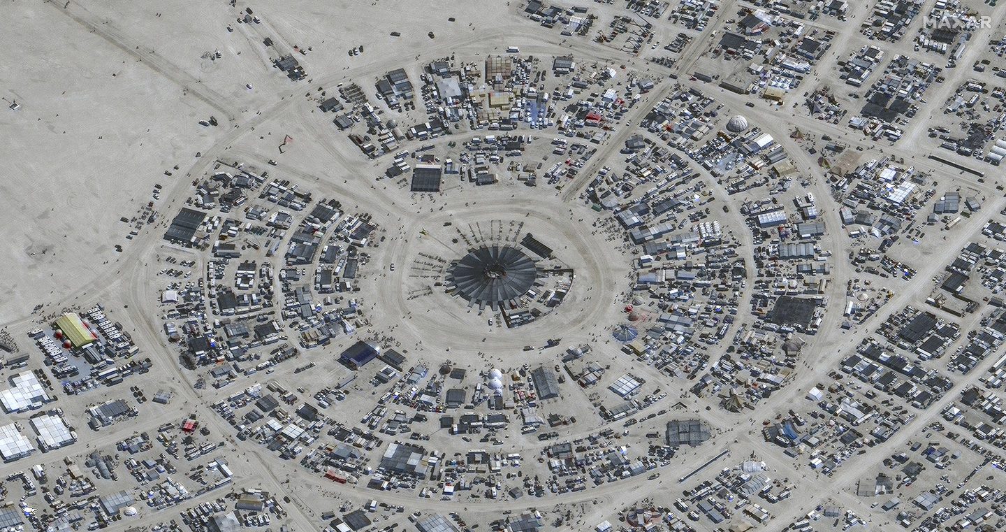 An overview of Burning Man festival in Black Rock, Nev on Aug. 28, 2023.