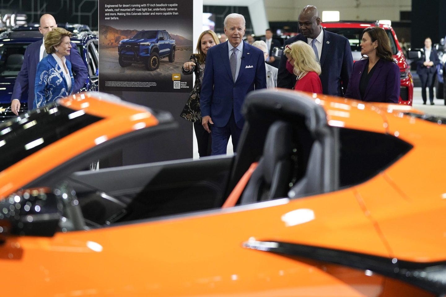 President Joe Biden listens during a tour at the Detroit Auto Show, Sept. 14, 2022, in Detroit.