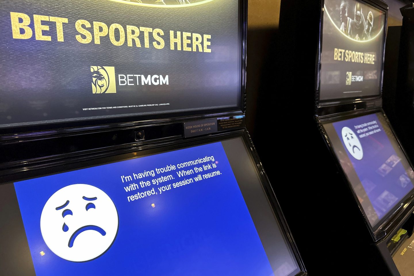 An error message is displayed on a machine at MGM Grand in Las Vegas on Tuesday.